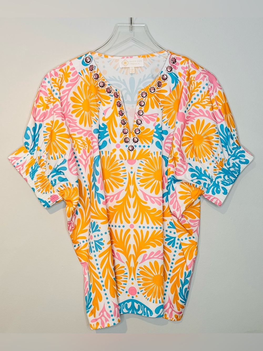 Sheridan French Orange Blue Pink Knit Popover Top Shirt Blouse - Picture 10 of 11